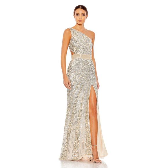 MAC DUGGAL SEQUINED ONE SHOULDER DRAPED LACE UP GOWN - Picture 1 of 9